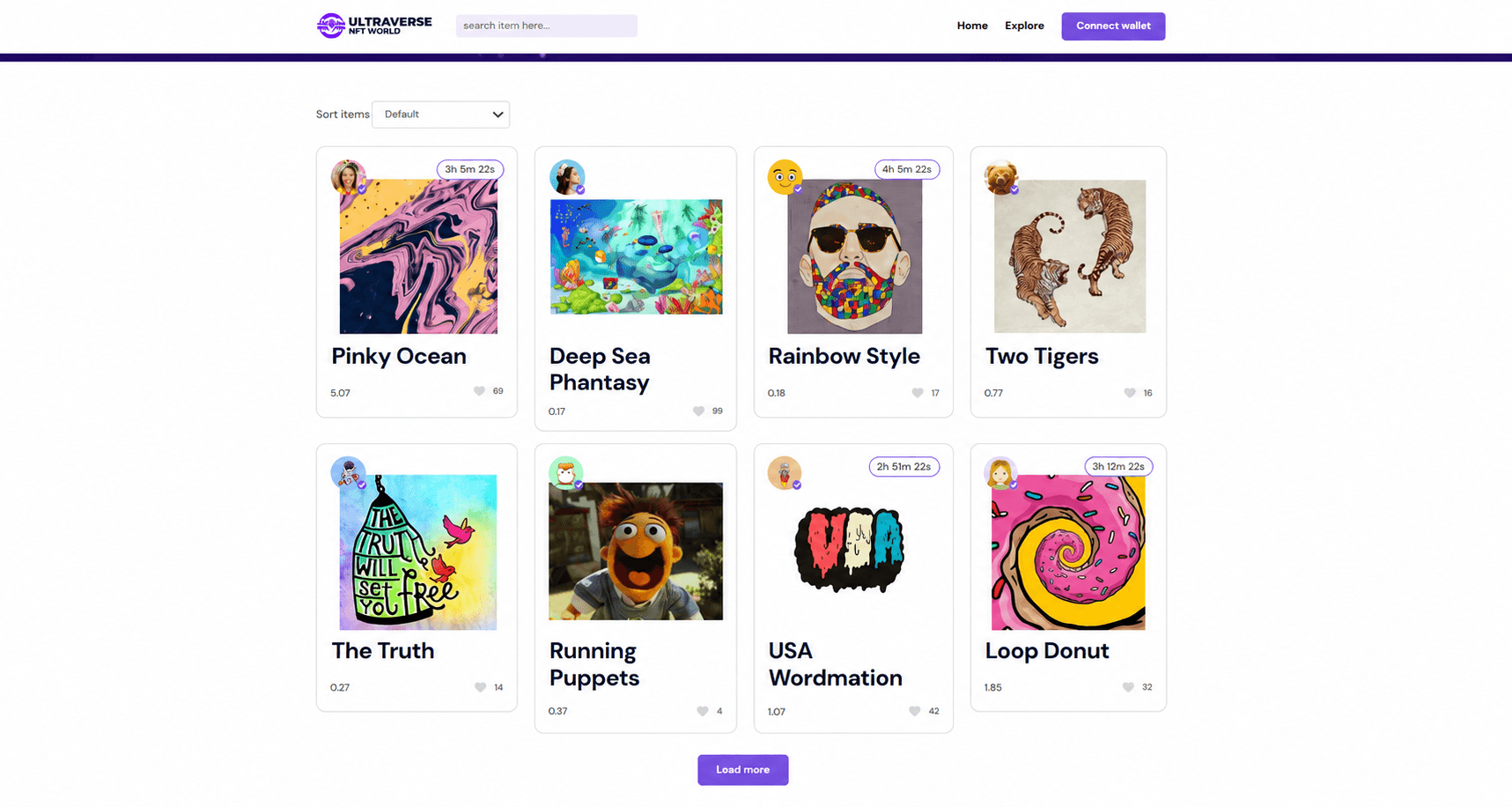Ultraverse Explore marketplace showing NFT cards, sorting, countdown timers, likes, prices, and load more behavior