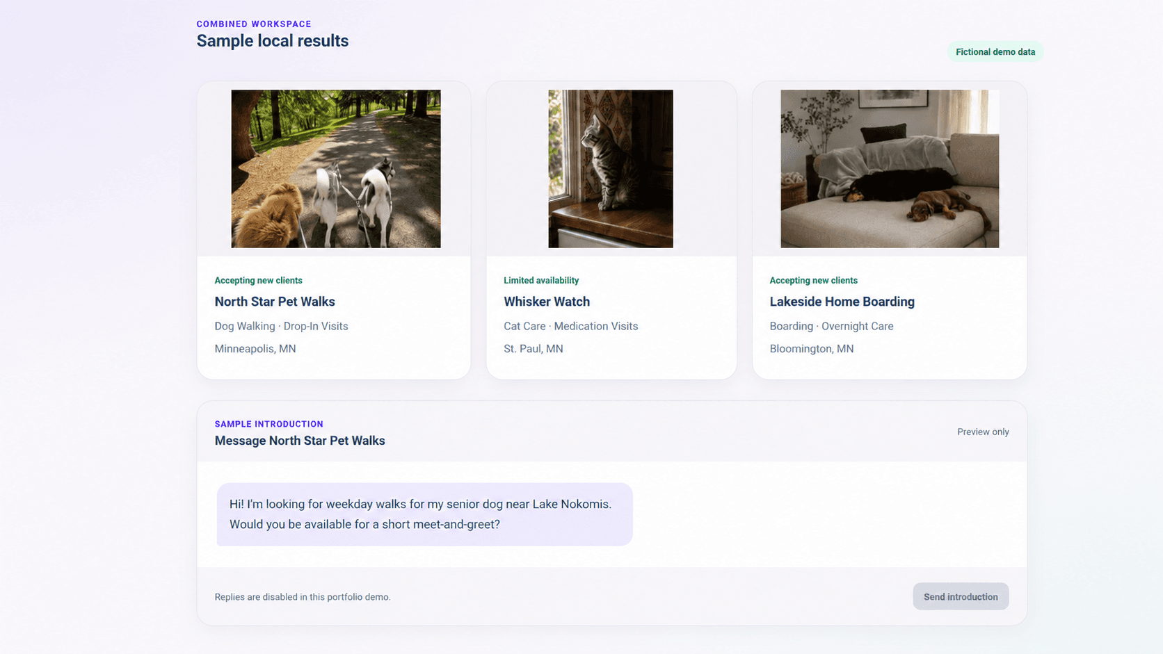 PawCircle demo showing local provider cards and a sample introduction message
