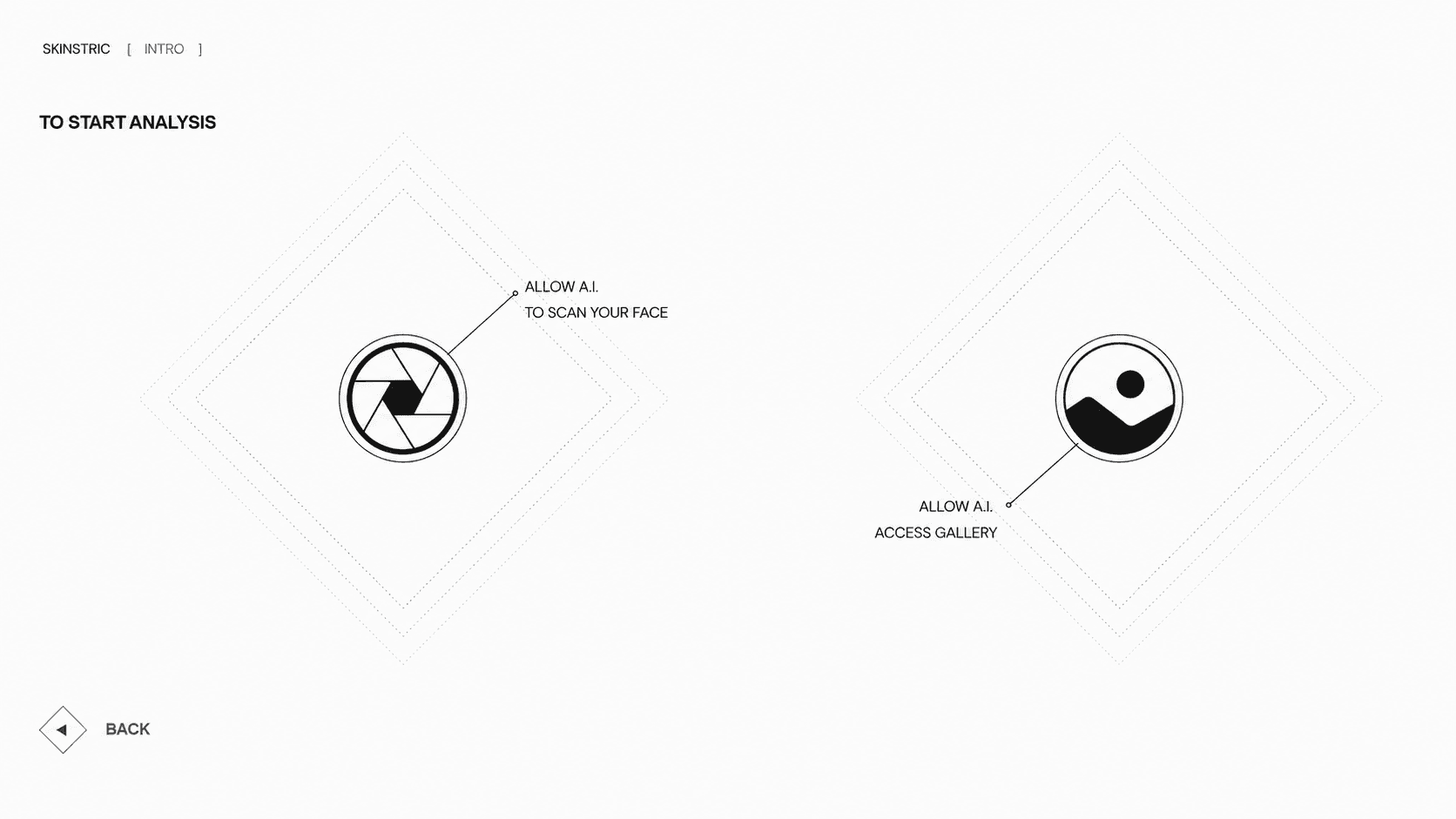 Skinstric analysis interface offering camera scan and gallery upload options