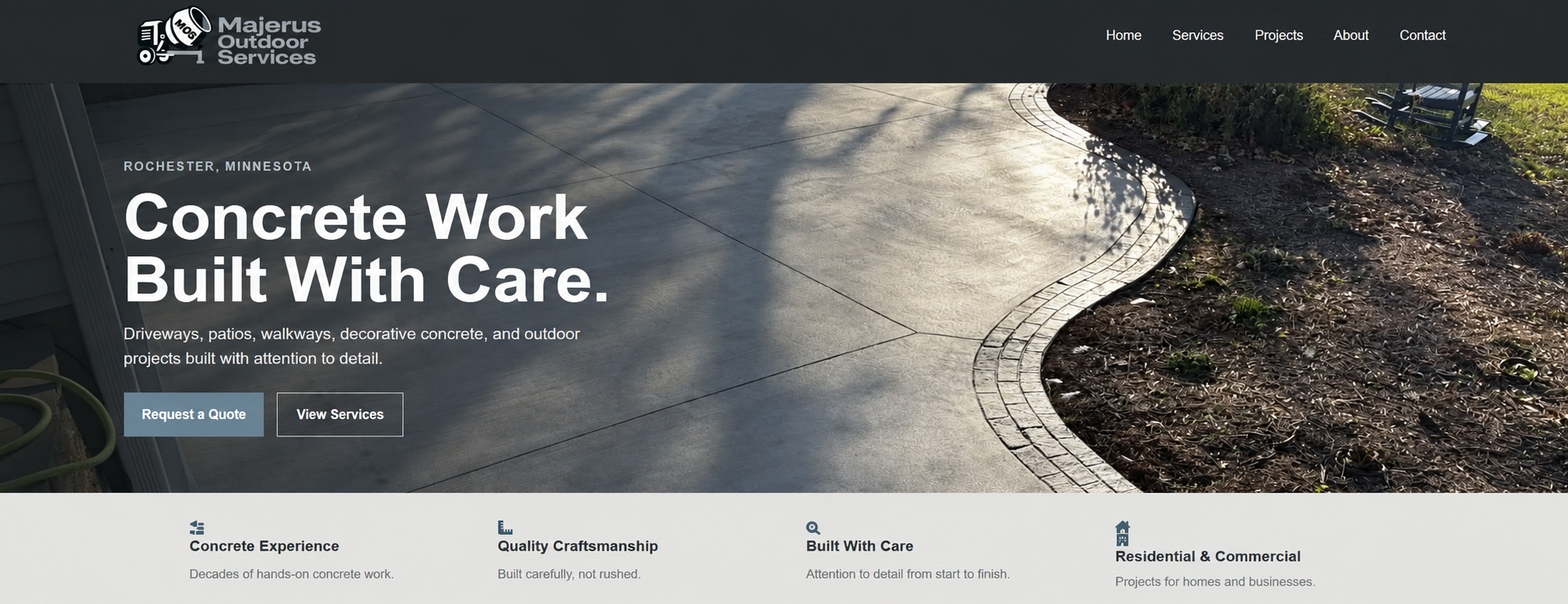 Majerus Outdoor Services live website homepage with concrete driveway hero image